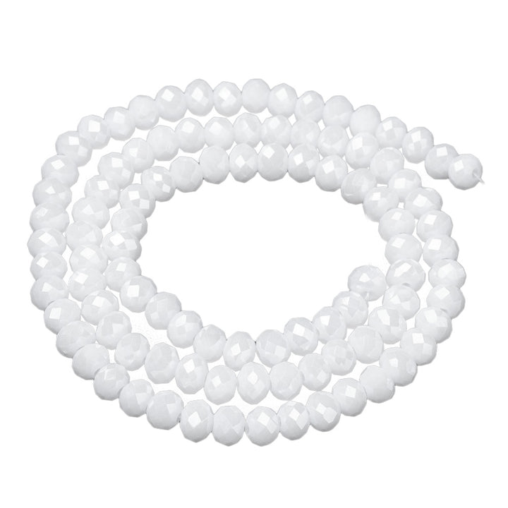 Electroplated Glass Crystal Beads, Faceted, Opaque White Color, Rondelle, AB Color Plated Glass Crystal Beads for Jewelry Making.  Size: 4mm Diameter, 3mm Thick, Hole: 1mm; approx. 123-127pcs/strand, 16" inches long.  Material: The Beads are Made from Glass. Glass Crystal Beads, Rondelle, AB Color Plated Opaque White Colored Austrian Crystal Imitation Beads. Polished, Shinny Finish.