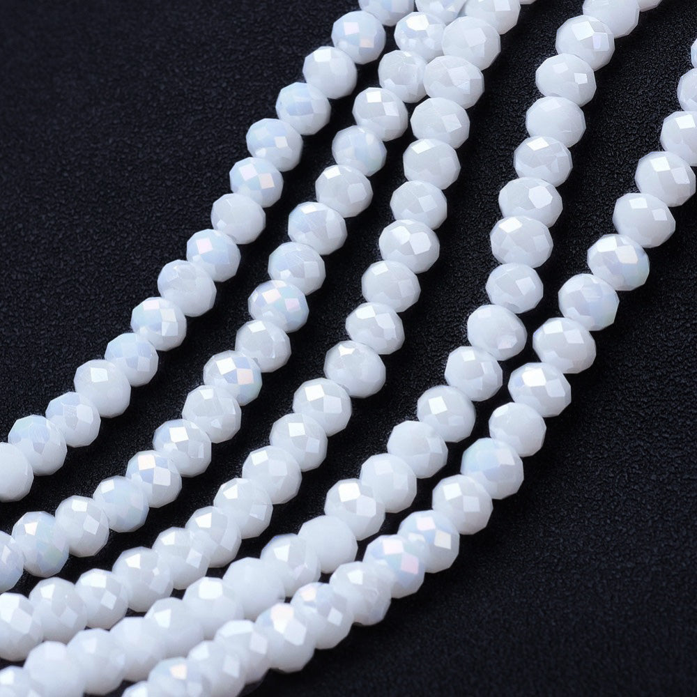 Electroplated Glass Crystal Beads, Faceted, Opaque White Color, Rondelle, AB Color Plated Glass Crystal Beads for Jewelry Making.  Size: 10mm Diameter, 8mm Thick, Hole: 1mm; approx. 62-66pcs/strand, 18.5" inches long.  Material: The Beads are Made from Glass. Glass Crystal Beads, Rondelle, AB Color Plated Opaque White Colored Austrian Crystal Imitation Beads. Polished, Shinny Finish.