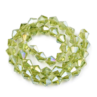 Electroplated Glass Crystal Beads, Faceted, Light Green Color, Bicone, AB Color plated Crystal Beads for Jewelry Making.  Size: 6mm Length, 6mm Width, Hole: 1mm; approx. 47-49pcs/strand, 10" inches long.  Material: The Beads are Made from Glass. Austrian Crystal Imitation Electroplated Glass Crystal Beads, Bicone, Light Green Colored Beads. Polished, Shinny Finish. 