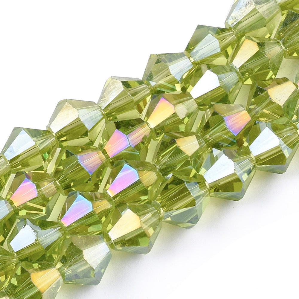 Electroplated Glass Crystal Beads, Faceted, Light Green Color, Bicone, AB Color plated Crystal Beads for Jewelry Making.  Size: 6mm Length, 6mm Width, Hole: 1mm; approx. 47-49pcs/strand, 10" inches long.  Material: The Beads are Made from Glass. Austrian Crystal Imitation Electroplated Glass Crystal Beads, Bicone, Light Green Colored Beads. Polished, Shinny Finish. 