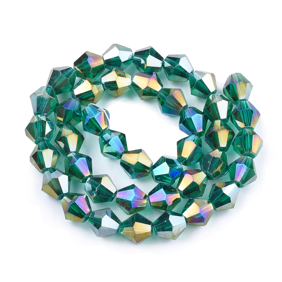 Electroplated Glass Crystal Beads, Faceted, Sea Green Color, Bicone, AB Color plated Crystal Beads for Jewelry Making.  Size: 6mm Length, 6mm Width, Hole: 1mm; approx. 47-49pcs/strand, 10" inches long.  Material: The Beads are Made from Glass. Austrian Crystal Imitation Electroplated Glass Crystal Beads, Bicone, Sea Green Colored Beads. Polished, Shinny Finish. 