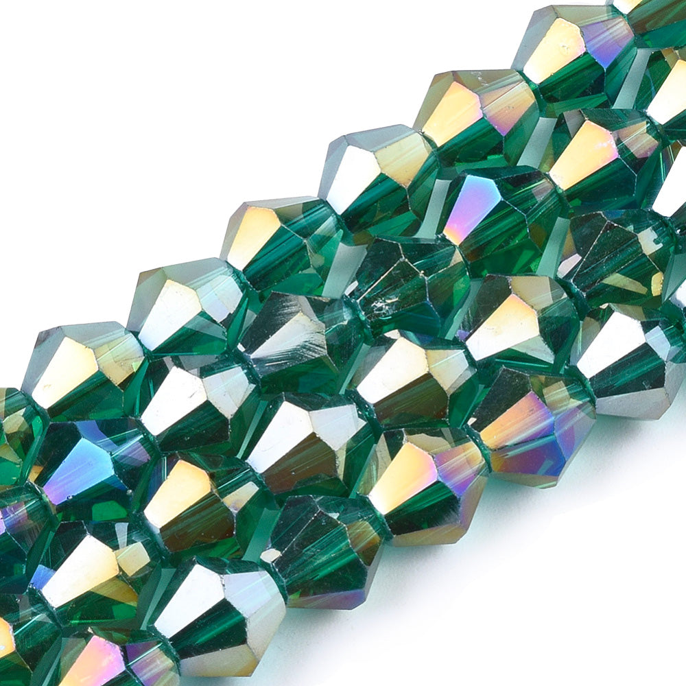 Electroplated Glass Crystal Beads, Faceted, Sea Green Color, Bicone, AB Color plated Crystal Beads for Jewelry Making.  Size: 6mm Length, 6mm Width, Hole: 1mm; approx. 47-49pcs/strand, 10" inches long.  Material: The Beads are Made from Glass. Austrian Crystal Imitation Electroplated Glass Crystal Beads, Bicone, Sea Green Colored Beads. Polished, Shinny Finish. 
