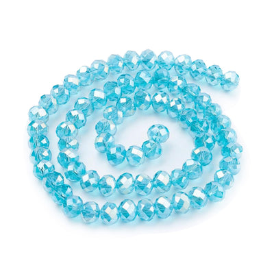 Electroplated Glass Crystal Beads, Faceted, Sky Blue Color, Rondelle, AB Color Plated Glass Crystal Bead Strands. Shinny Crystal Beads for Jewelry Making.  Size: 8mm Diameter, 6mm Thick, Hole: 1mm; approx. 65-68pcs/strand, 16" inches long.  Material: The Beads are Made from Glass. Electroplated Glass Crystal Beads, Rondelle, Sky Blue Colored Beads. Polished, Shinny Finish.