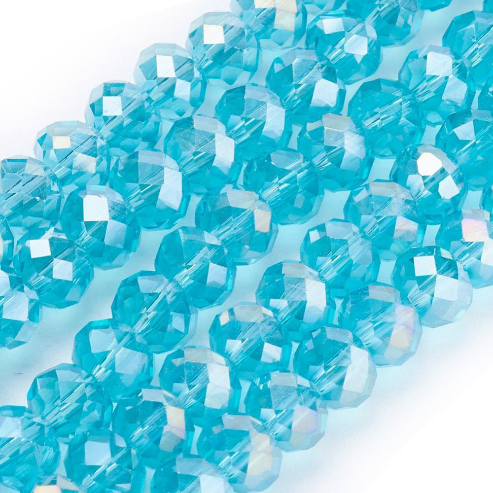 Electroplated Glass Crystal Beads, Faceted, Sky Blue Color, Rondelle, AB Color Plated Glass Crystal Bead Strands. Shinny Crystal Beads for Jewelry Making.  Size: 8mm Diameter, 6mm Thick, Hole: 1mm; approx. 65-68pcs/strand, 16" inches long.  Material: The Beads are Made from Glass. Electroplated Glass Crystal Beads, Rondelle, Sky Blue Colored Beads. Polished, Shinny Finish.