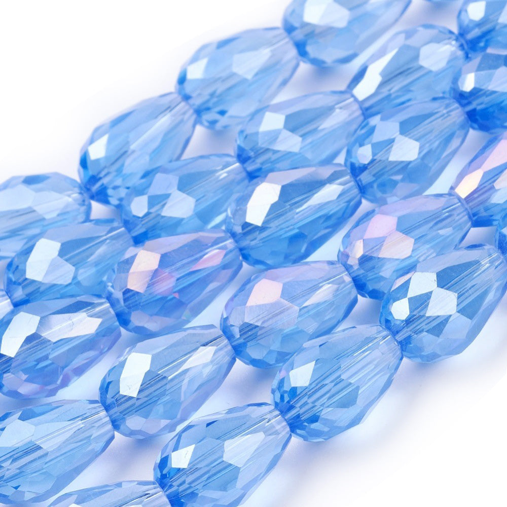 Teardrop Crystal Glass Beads, Faceted, AB Color Plated Plated Light Blue Color, Glass Crystal Beads for Jewelry Making.  Size: 15mm Length, 10mm Thick, Hole: 1mm; approx. 48pcs/strand, 27" inches long.  Material: The Beads are Made from Glass. Electroplated Glass Crystal Beads, Teardrop Shaped, AB Color Plated Plated Light Blue Colored Beads. Polished, Shinny Finish.