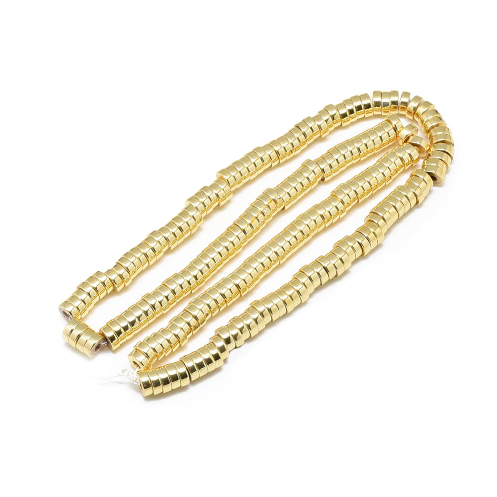 Flat Disc Shaped Electroplated Non-Magnetic Synthetic Hematite Beads, Gold Color. Semi-Precious Stone Spacer Beads for Jewelry Making. These spacers work great with polymer clay heishi beads.  Size: 6mm Wide, 2mm Thick, Hole: 2mm, approx. 170-175pcs/strand, 15.5" Inches Long.  Material: Non-Magnetic Synthetic Heishi Hematite Beads. Antique Gold Color Plated. Flat Disc Shape. Polished, Shinny Metallic Lustrous Finish.