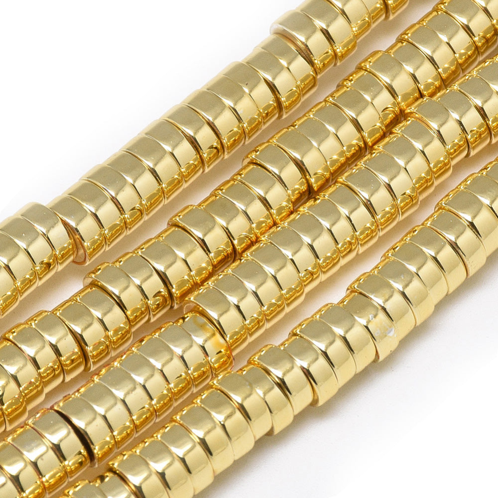 Flat Disc Shaped Electroplated Non-Magnetic Synthetic Hematite Beads, Gold Color. Semi-Precious Stone Spacer Beads for Jewelry Making. These spacers work great with polymer clay heishi beads.  Size: 6mm Wide, 2mm Thick, Hole: 2mm, approx. 170-175pcs/strand, 15.5" Inches Long.  Material: Non-Magnetic Synthetic Heishi Hematite Beads. Antique Gold Color Plated. Flat Disc Shape. Polished, Shinny Metallic Lustrous Finish.