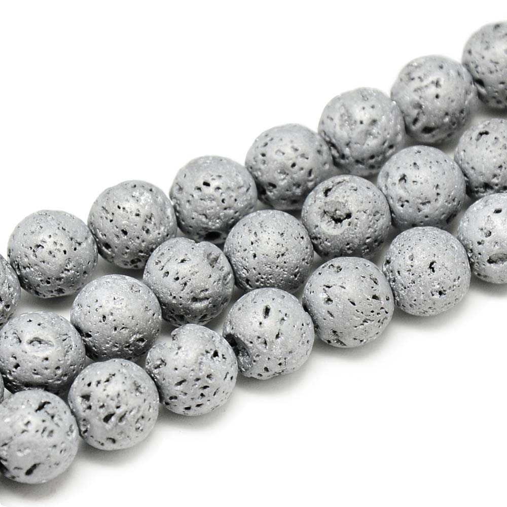 Lava Rock Beads, Semi-Precious Stone, Electroplated, Matte, Platinum Color