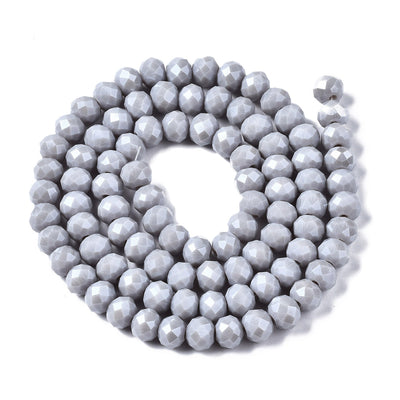 Electroplated Glass Beads, Faceted, Grey Color, Rondelle, Pearl Luster Plated Glass Crystal Bead Strands. Shinny Crystal Beads for Jewelry Making.  Size: 6mm Diameter, 5mm Thick, Hole: 1mm; approx. 85-90pcs/strand, 16.5" inches long.  Material: The Beads are Made from Glass. Electroplated Glass Crystal Beads, Rondelle, Gray Color, Pearl Luster Plated Beads. Polished, Shinny Finish.