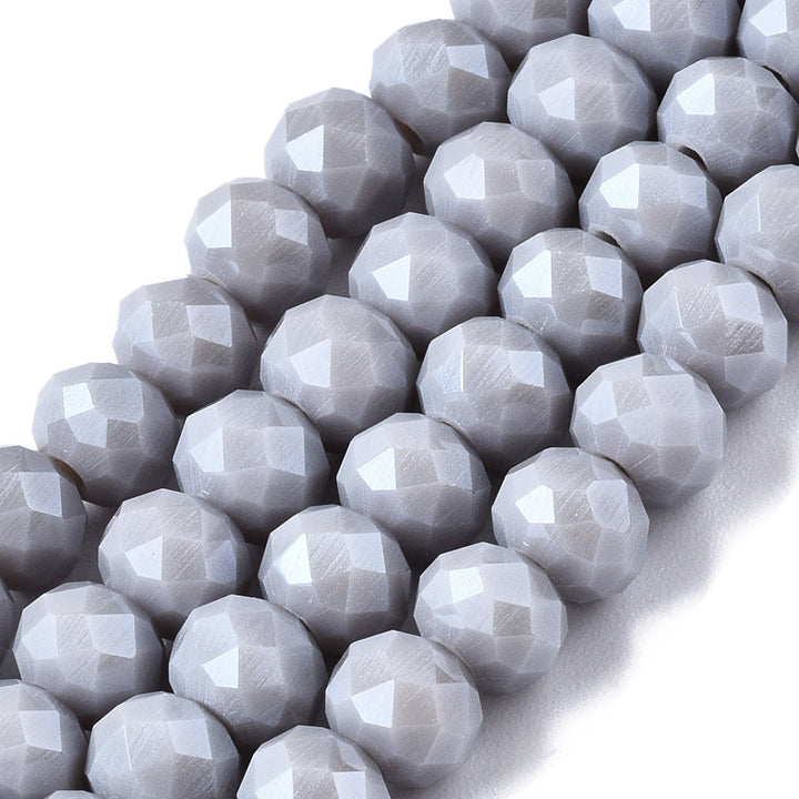 Electroplated Glass Beads, Faceted, Grey Color, Rondelle, Pearl Luster Plated Glass Crystal Bead Strands. Shinny Crystal Beads for Jewelry Making.  Size: 6mm Diameter, 5mm Thick, Hole: 1mm; approx. 85-90pcs/strand, 16.5" inches long.  Material: The Beads are Made from Glass. Electroplated Glass Crystal Beads, Rondelle, Gray Color, Pearl Luster Plated Beads. Polished, Shinny Finish.