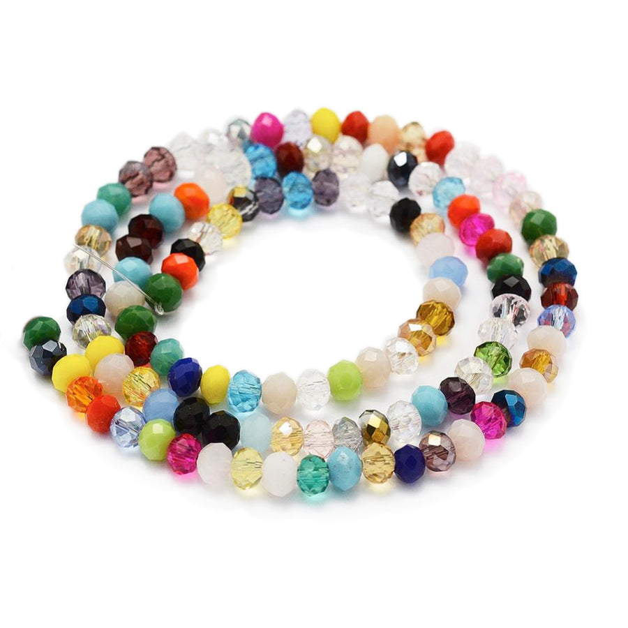 Electroplated Glass Beads, Faceted, Mixed Color, Rondelle, Glass Crystal Beads for Jewelry Making.  Size: 4mm Diameter, 3mm Thick, Hole: 1mm; approx. 130pcs/strand, 15" inches long.  Material: The Beads are Made from Glass. Electroplated Glass Crystal Beads, Rondelle, Mixed Color AB Colored Beads. Polished, Shinny Finish.