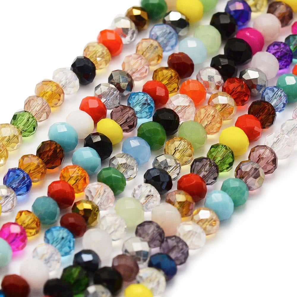 Electroplated Glass Beads, Faceted, Mixed Color, Rondelle, Glass Crystal Beads for Jewelry Making.  Size: 4mm Diameter, 3mm Thick, Hole: 1mm; approx. 130pcs/strand, 15" inches long.  Material: The Beads are Made from Glass. Electroplated Glass Crystal Beads, Rondelle, Mixed Color AB Colored Beads. Polished, Shinny Finish.