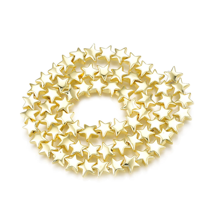 Non-Magnetic Star Shaped Synthetic Hematite Beads, Gold Color. Semi-Precious Stone Spacer Beads for Jewelry Making.   Size: 8mm Length, 8mm Width, 3.5mm Thick, Hole: 1mm, approx. 65-67pcs/strand, 15" Inches Long.  Material: Non-Magnetic Synthetic Hematite Beads. Gold PlatedStar Shaped Spacer Beads. Polished, Shinny Metallic Lustrous Finish.