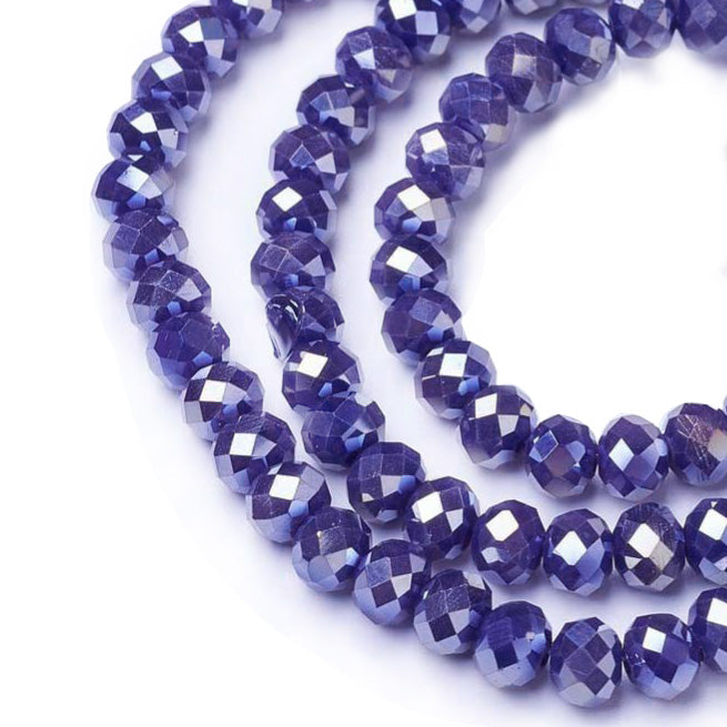 Electroplated Glass Beads, Faceted, Opaque Blue/Mauve Color, Rondelle, AB Plated Glass Crystal Beads. Shinny  Glass Beads for Jewelry Making.  Size: 4mm Diameter, 3mm Thick, Hole: 0.4mm; approx. 120-130pcs/strand, 15.5" inches long.  Material: The Beads are Made from Glass. Austrian Crystal Imitation Glass Crystal Beads, Faceted, Rondelle, Muave Color AB Color  Plated Beads. Polished, Shinny Finish. 