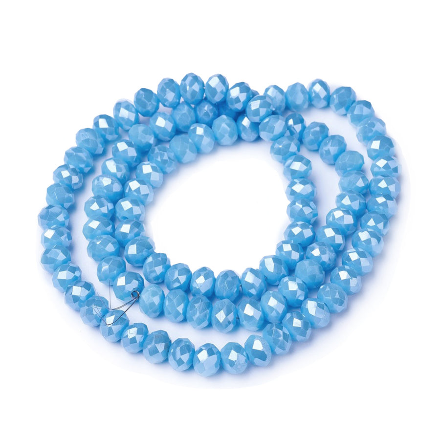 Electroplated Glass Crystal Beads, Faceted, Opaque Sky Blue Color, Rondelle, AB Color Plated Glass Crystal Beads for Jewelry Making.  Size: 4mm Diameter, 3mm Thick, Hole: 0.4mm; approx. 120-125pcs/strand, 16" inches long.  Material: The Beads are Made from Glass. Electroplated Glass Crystal Beads, Rondelle, Sky Blue Color, AB Color Plated Beads. Polished, Shinny Finish.
