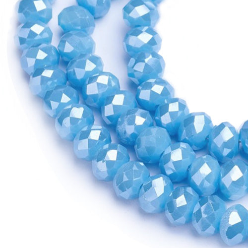 Electroplated Glass Crystal Beads, Faceted, Opaque Sky Blue Color, Rondelle, AB Color Plated Glass Crystal Beads for Jewelry Making.  Size: 4mm Diameter, 3mm Thick, Hole: 0.4mm; approx. 120-125pcs/strand, 16" inches long.  Material: The Beads are Made from Glass. Electroplated Glass Crystal Beads, Rondelle, Sky Blue Color, AB Color Plated Beads. Polished, Shinny Finish.
