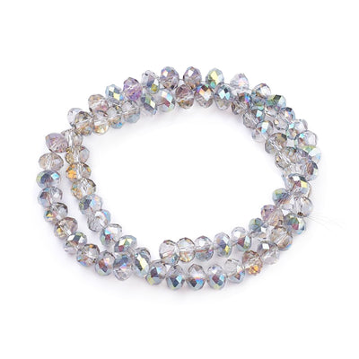 Electroplated Glass Crystal Beads, Faceted, Grey Color, Rondelle, Rainbow Color Plated Glass Crystal Bead Strands. Shinny Crystal Beads for Jewelry Making.  Size: 8mm Diameter, 6mm Thick, Hole: 1mm; approx. 65-68pcs/strand, 16" inches long.  Material: The Beads are Made from Glass. Electroplated Glass Crystal Beads, Rondelle, Grey Colored Beads. Rainbow Color Plated. Shinny Finish.