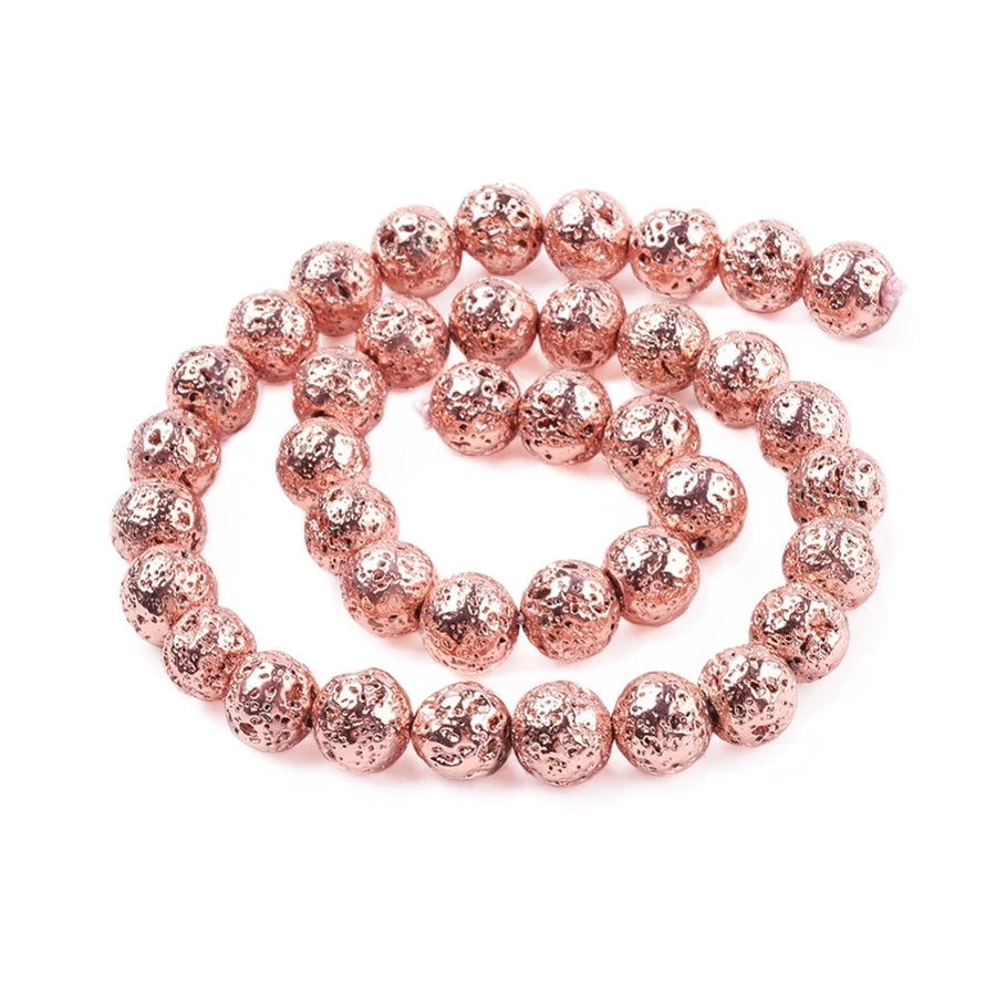 Electroplated Natural Lava Rock Bead Strands, Round, Bumpy, Rose Gold Color. Semi-Precious Stone Beads for DIY Jewelry Making. Perfect Accent Piece for Stretch Bracelets.  Size: 8-8.5mm Diameter, Hole: 1mm; approx. 47pcs/strand, 15.35 inches long. bead lot. beadlot. www.beadlot.com