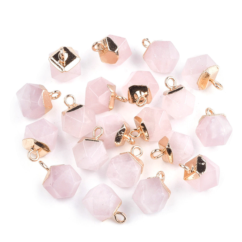 Gorgeous Faceted Natural Rose Quartz Star Cut Pendants, Round, Pink Color. Semi-precious Gemstone Pendant for DIY Jewelry Making. Great as a Charm or Pendant.  Size: 11mm Length, 8mm Wide, 8mm Thick, Hole: 1.5mm, 1pcs/package.  Material: Genuine Rose Quartz Stone Pendant with Gold Plated Iron Loops. Faceted Star Cut Stone Pendants. Polished Finish. 