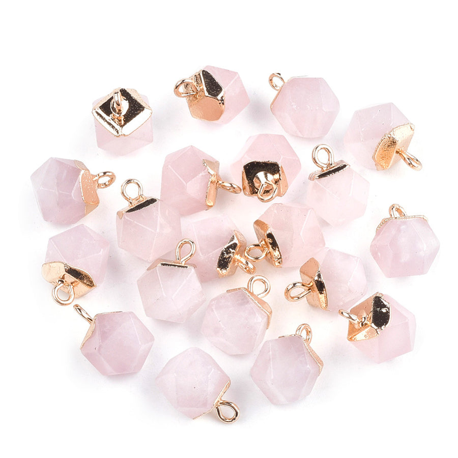 Gorgeous Faceted Natural Rose Quartz Star Cut Pendants, Round, Pink Color. Semi-precious Gemstone Pendant for DIY Jewelry Making. Great as a Charm or Pendant.  Size: 11mm Length, 8mm Wide, 8mm Thick, Hole: 1.5mm, 1pcs/package.  Material: Genuine Rose Quartz Stone Pendant with Gold Plated Iron Loops. Faceted Star Cut Stone Pendants. Polished Finish. 