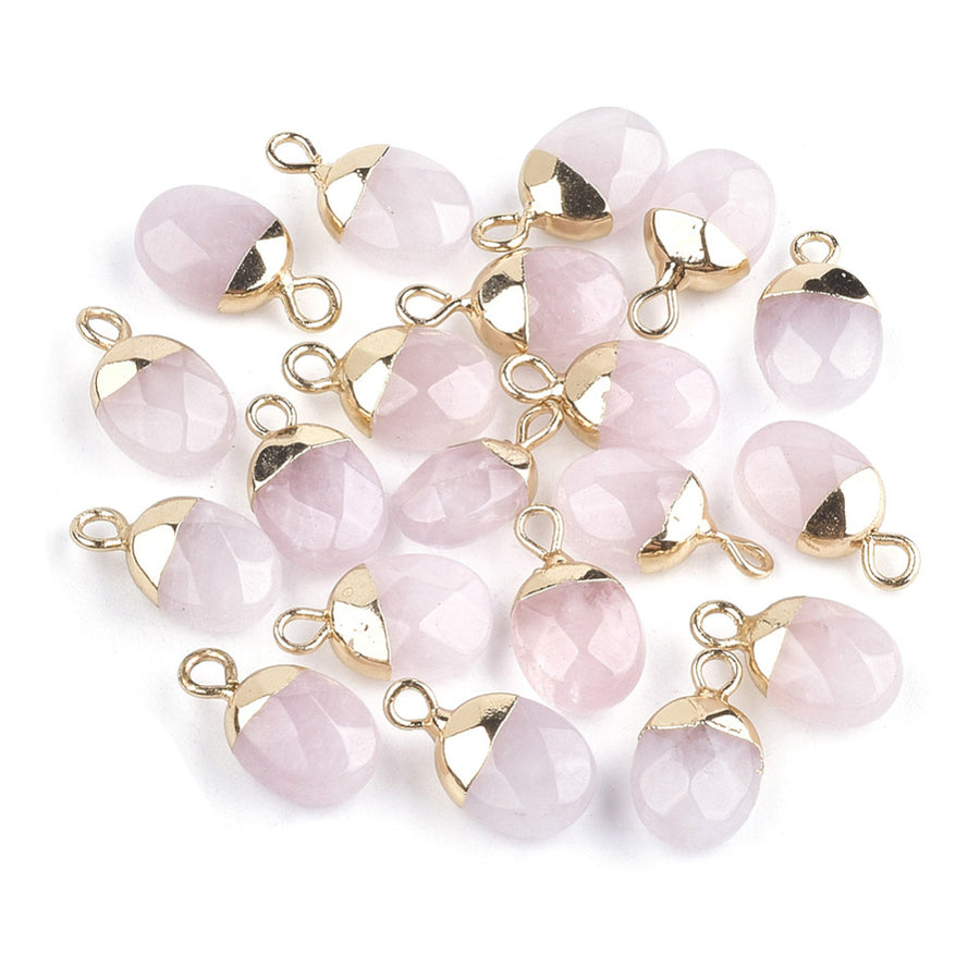 Gorgeous Natural Rose Quartz Faceted Oval Charms, Pink Color. Semi-precious Gemstone Pendant for DIY Jewelry Making. Great as a Charm or Pendant.  Size: 14mm Length, 8mm Wide, 5mm Thick, Hole: 1.8mm, 1pcs/package.  Material: Genuine Rose Quartz Stone Charms with Gold Plated Iron Loops Findings. High Quality, Faceted Oval Stone Pendants. Shinny, Polished Finish. 