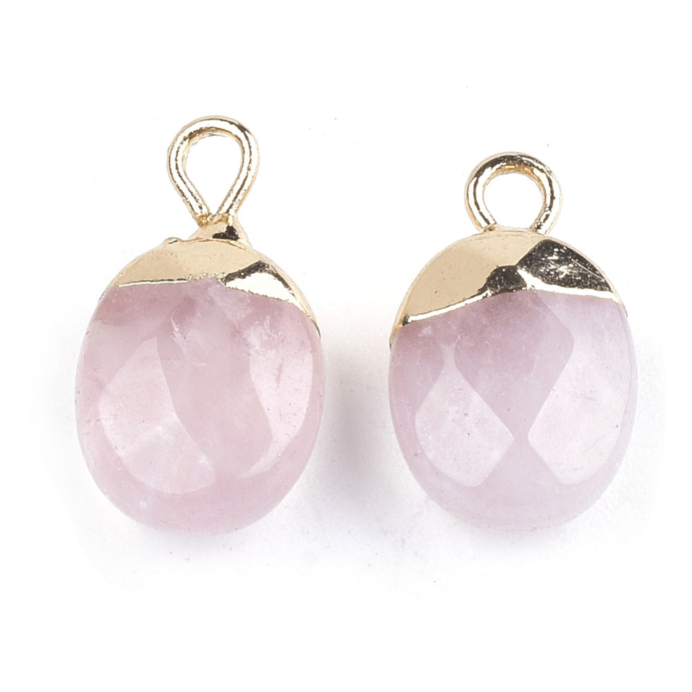 Gorgeous Natural Rose Quartz Faceted Oval Charms, Pink Color. Semi-precious Gemstone Pendant for DIY Jewelry Making. Great as a Charm or Pendant.  Size: 14mm Length, 8mm Wide, 5mm Thick, Hole: 1.8mm, 1pcs/package.  Material: Genuine Rose Quartz Stone Charms with Gold Plated Iron Loops Findings. High Quality, Faceted Oval Stone Pendants. Shinny, Polished Finish. 