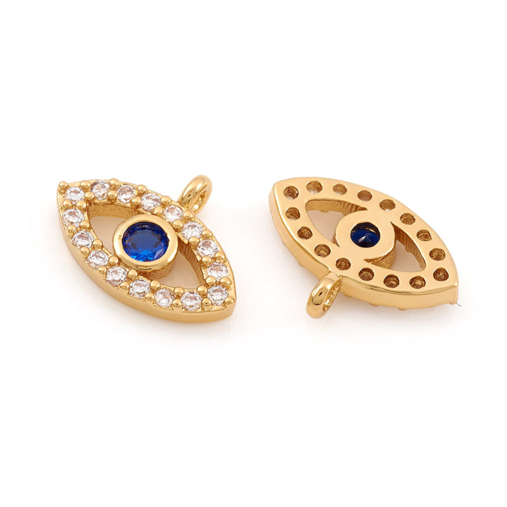 Brass Micro Pave Cubic Zirconia Golden Evil Eye Charm Beads, Gold Evil Eye Charm with Blue and Clear Cubic Zirconia for DIY Jewelry Making.  Size: 11mm Length, 8.5mm Width, 2mm Thick, Hole:1mm, Qty: 1pcs/package.  Material: Clear Cubic Zirconia Brass Micro Pave Evil Eye Charm with Jump Ring. Gold Color. Shinny, Sparkle Finish. Durable. Polished, Shinny Finish. The perfect choice for Jewelry Making.