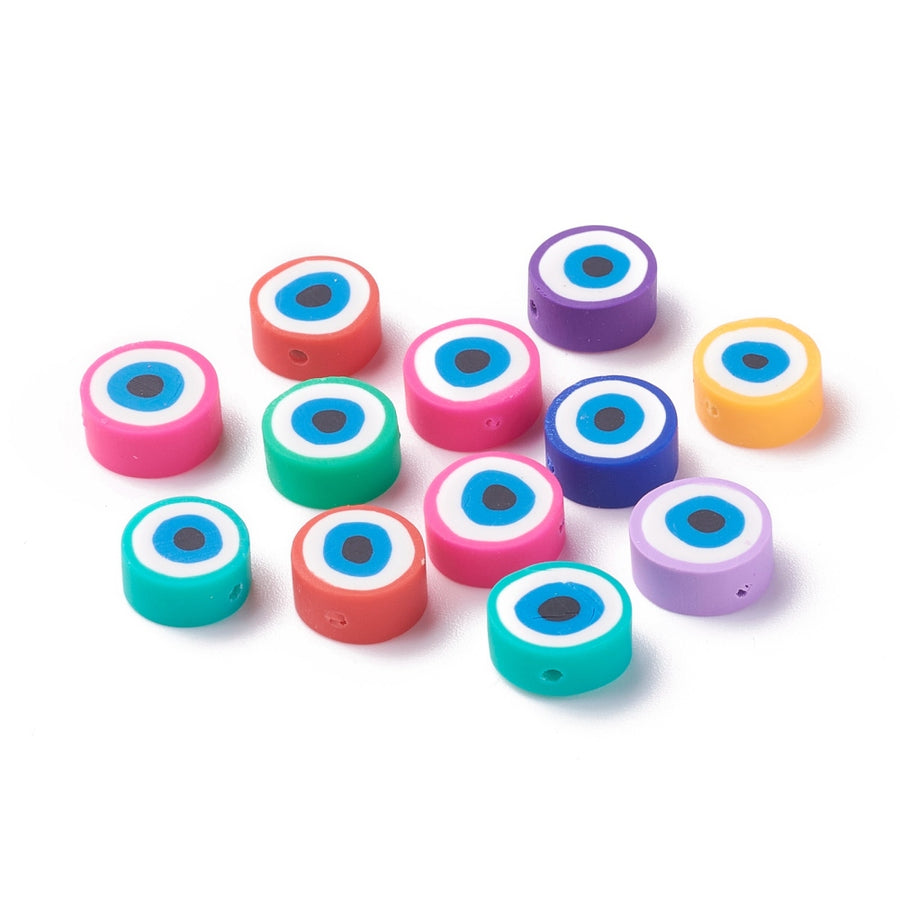 Handmade Polymer Clay Beads, Mixed Shape, Mixed Color. Colorful Polymer Clay Spacer Beads for DIY Jewelry Making. Great Addition to any Bracelet Design. 10mm  High Quality Polymer Clay, Multi-Color Evil Eye Disc Shape Lightweight Beads. Flat, Round, Smooth Finish