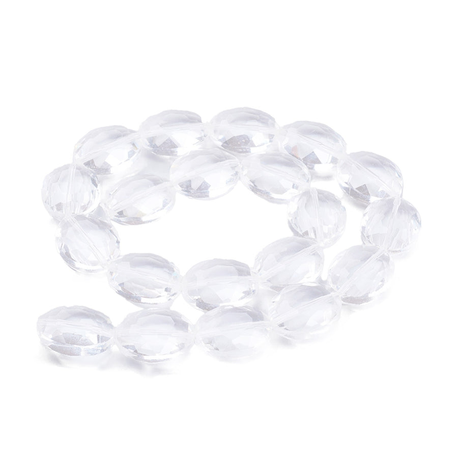 Transparent Faceted Glass Crystal Beads, Oval Shape, Crystal Clear Color.   Size: 20mm Length, 16mm Width, 10mm Thick, , Hole: 1mm, approx. 20pcs/strand  Material: Glass; Austrian Crystal Imitation.  Shape: Oval, Faceted  Color: Clear  Usage: Focal Beads for DIY Jewelry Making.
