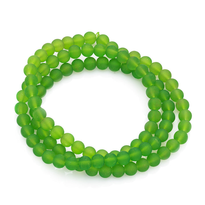 GREEN GLASS BEADS, MATTE GREEN BEADS;FORSTED GLASS BEADS FOR DIY JEWELRY MAKING. BEADS AND MORE, JEWELRY MAKING SUPPLIES. Frosted Glass Beads, Round, Green Color. Matte Glass Bead Strands for DIY Jewelry Making. Affordable, Colorful Frosted Beads. Great for Stretch Bracelets.  Size: 8mm Diameter Hole: 2mm; approx. 105pcs/strand, 31" Inches Long.