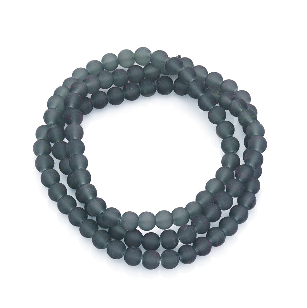 Frosted Glass Beads, Round, Dark Grey Color. Matte Glass Bead Strands for DIY Jewelry Making. Affordable, Colorful Frosted Beads. Great for Stretch Bracelets.  Size: 4mm Diameter Hole: 1mm; approx. 195pcs/strand, 31" Inches Long.  Material: The Beads are Made from Glass. Frosted Glass Beads, Grey Colored Beads. Unpolished, Matte Finish.