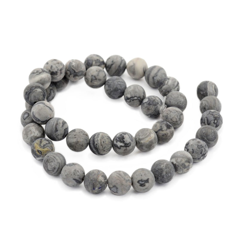 Frosted Map Stone/Picasso Jasper Beads, Round, Grey Color. Semi-precious Gemstone Beads for DIY Jewelry Making. Perfect for Making Mala Bracelets.  Size: 8mm Diameter, Hole: 1mm, approx. 24pcs/strand, 7.5" Inches Long.  Material: Genuine Natural Frosted Map Stone/Picasso Stone/Picasso Jasper, Loose Stone Beads, Grey Color. High Quality Unpolished Stone Beads. Matte Finish.  bead lot.