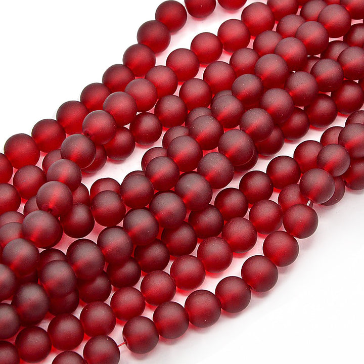 Frosted Glass Beads, Round, Dark Red Color. Matte Glass Bead Strands for DIY Jewelry Making. Affordable, Colorful Frosted Beads.   Size: 8mm Diameter Hole: 2mm; approx. 105pcs/strand, 31" Inches Long.  Material: The Beads are Made from Glass. Frosted Glass Beads, Deep Dark Red Colored Beads. Unpolished, Matte Finish.