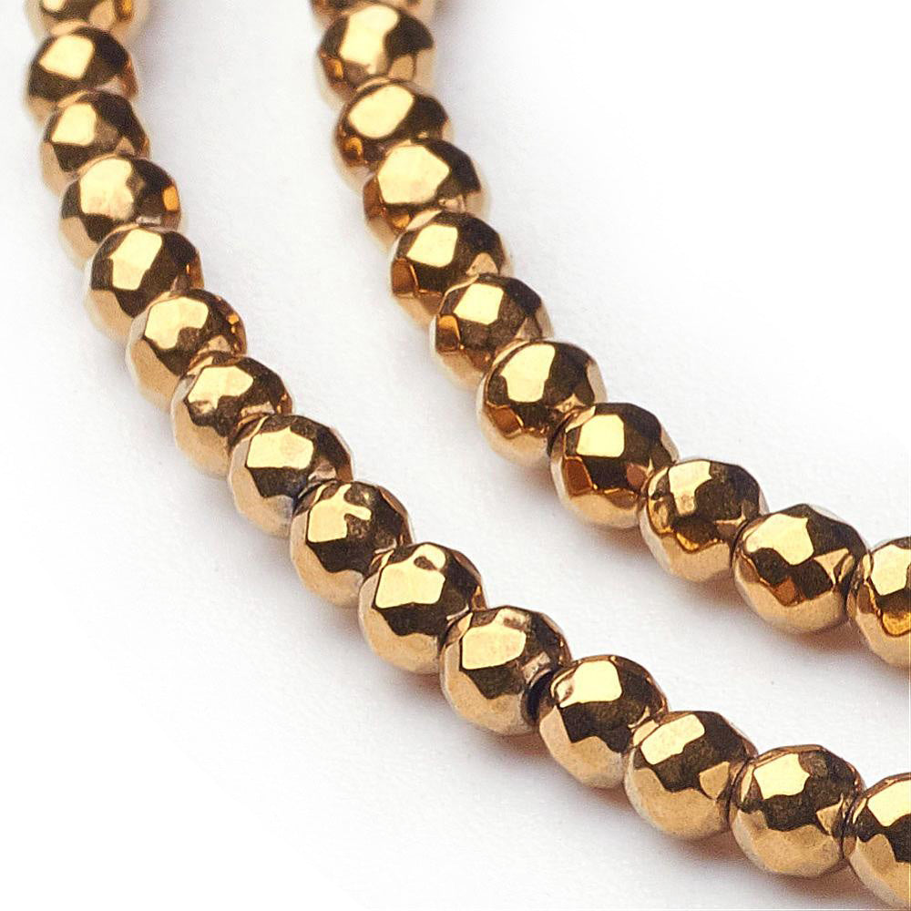 Faceted, Round Hematite Spacer Beads, Electroplated Non-magnetic Hematite Beads. Semi-Precious Stone Dark Gold Plated Spacer Beads for Jewelry Making.  Size: 2mm Diameter, Hole: 1mm; approx. 185-200pcs/strand, 15 inches.  Material: (64 Facets) Faceted, Round, Vacuum Plated Non-Magnetic Synthetic Electroplated Gold Hematite Spacer Beads. Dark Golden Plated Spacers. Polished, Shinny Finish.   
