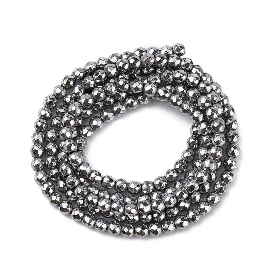 Faceted, Round Hematite Spacer Beads, Electroplated Non-magnetic Hematite Beads. Semi-Precious Stone Platinum Silver Spacers for Jewelry Making.  Size: 2mm Diameter, Hole: 1mm; approx. 185-200pcs/strand, 15 inches.  Material: Faceted, Round, Non-Magnetic Synthetic Electroplated Silver Hematite Spacer Beads. Silver Plated Spacers. Polished, Shinny Finish. 