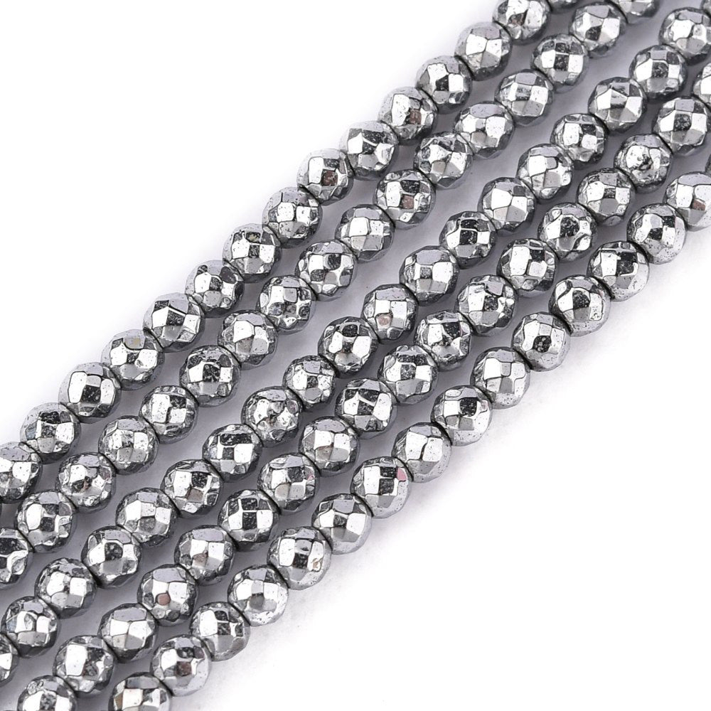 Faceted, Round Hematite Spacer Beads, Electroplated Non-magnetic Hematite Beads. Semi-Precious Stone Platinum Silver Spacers for Jewelry Making.  Size: 2mm Diameter, Hole: 1mm; approx. 185-200pcs/strand, 15 inches.  Material: Faceted, Round, Non-Magnetic Synthetic Electroplated Silver Hematite Spacer Beads. Silver Plated Spacers. Polished, Shinny Finish. 