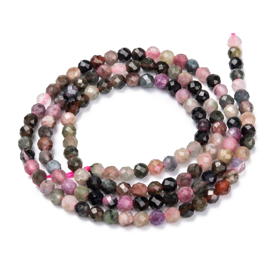 Faceted Tourmaline Beads, Round, Multi Color. Semi-Precious Gemstone Beads for DIY Jewelry Making.  Size: 2mm Diameter, Hole: 0.5mm; approx. 150pcs/strand, 14" Inches Long.  Material: Genuine Natural Tourmaline Gemstone Beads, Natural Multi color Stone Beads. Polished, Shinny Finish.