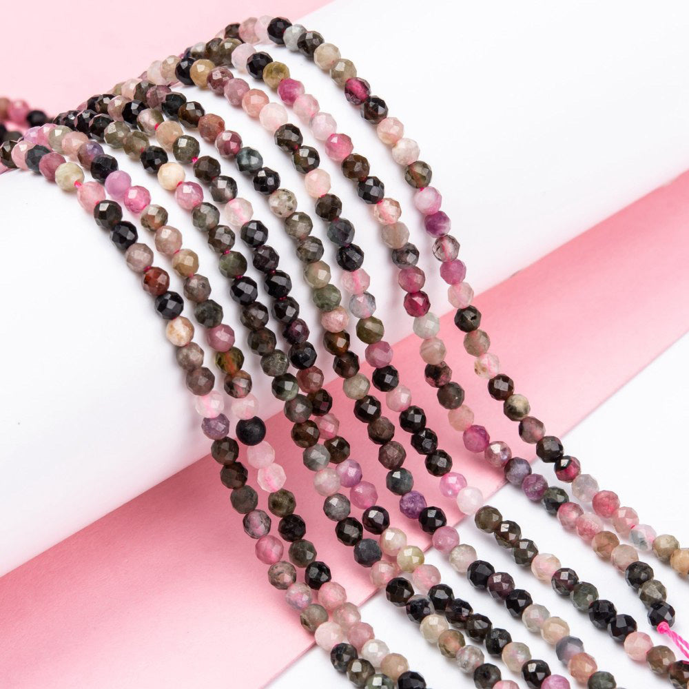 Faceted Tourmaline Beads, Round, Multi Color. Semi-Precious Gemstone Beads for DIY Jewelry Making.  Size: 2mm Diameter, Hole: 0.5mm; approx. 150pcs/strand, 14" Inches Long.  Material: Genuine Natural Tourmaline Gemstone Beads, Natural Multi color Stone Beads. Polished, Shinny Finish.