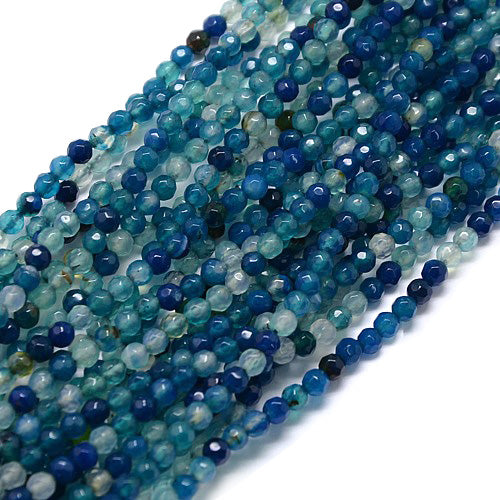 Faceted Teal Agate Beads, Round, Dyed, Teal Blue Color. Semi-Precious Gemstone Beads for Jewelry Making.   Size: 4mm Diameter, Hole: 0.5mm; approx. 91pcs/strand, 14" Inches Long.  Material: Faceted Agate Stone Beads. Dyed, Teal Blue Beads. Polished, Shinny Finish.