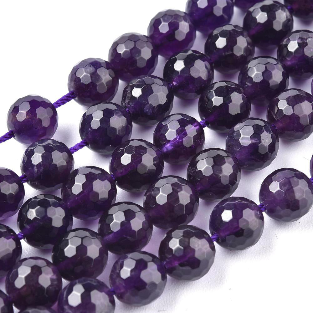 Faceted Natural Amethyst Beads, Round, Purple Color. Semi-Precious Gemstone Beads for DIY Jewelry Making. Gorgeous, Faceted Amethyst Beads.  Size: 8mm Diameter, Hole: 1mm; approx. 22pcs/strand, 7.5 Inches Long.  Material: Genuine Natural Amethyst Beads, High Quality Faceted Beads. Purple Color. Polished, Shinny Finish.