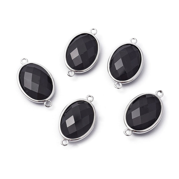 Black Agate Link Connector, Platinum, Faceted, Oval, 26x15mm, Qty: 1pcs