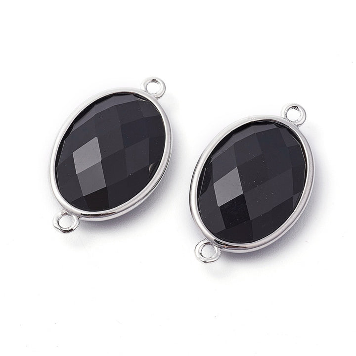 Black Agate Link Connector, Platinum, Faceted, Oval, 26x15mm, Qty: 1pcs