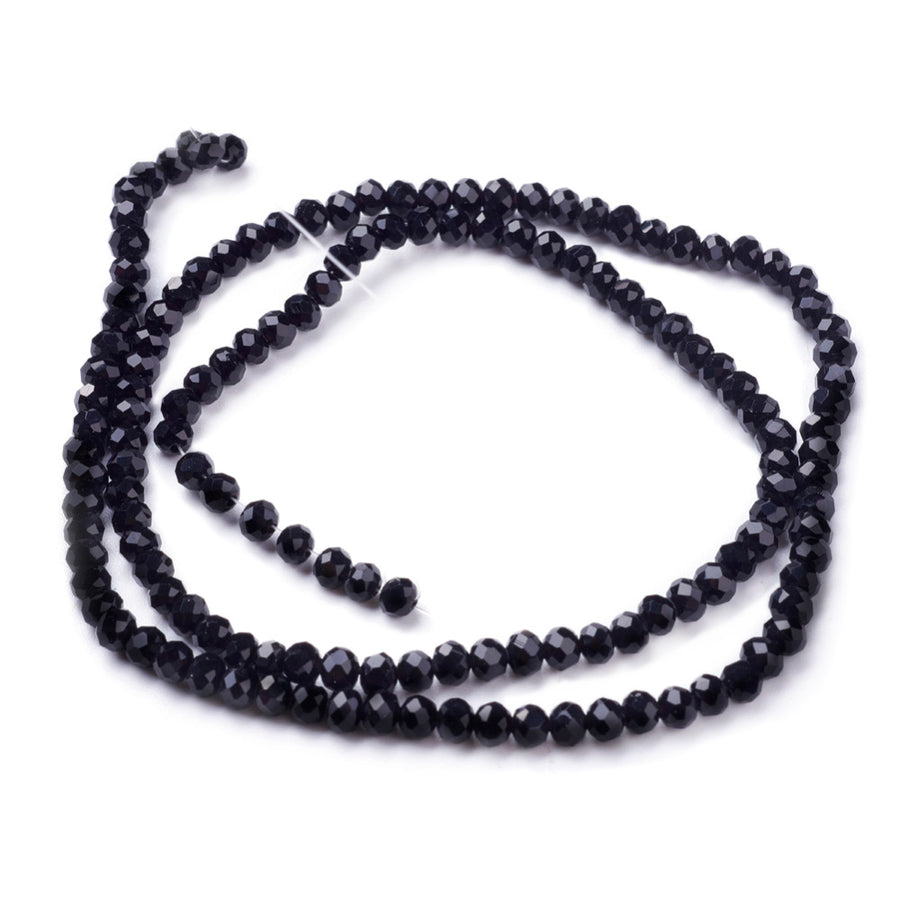 Shinny Black, Faceted Glass Crystal Beads, Round.  Size: 4mm, Hole: 1mm, approx. 98pcs/strand, 13.5 inches long.  Material: Glass; Austrian Crystal Imitation. Shinny, Black Color Beads.  Shape: Round, Faceted.  Color: Black