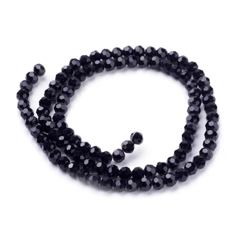 Premium Quality Shinny Black, Faceted Glass Crystal Beads, Round.  Size: 6mm, Hole: 1mm, approx. 95pcs/strand, 20 inches long.  Material: Glass; Austrian Crystal Imitation. Shinny, Black Color Beads.  Shape: Round, Faceted.  Color: Black  Usage: Beads for DIY Jewelry Making.