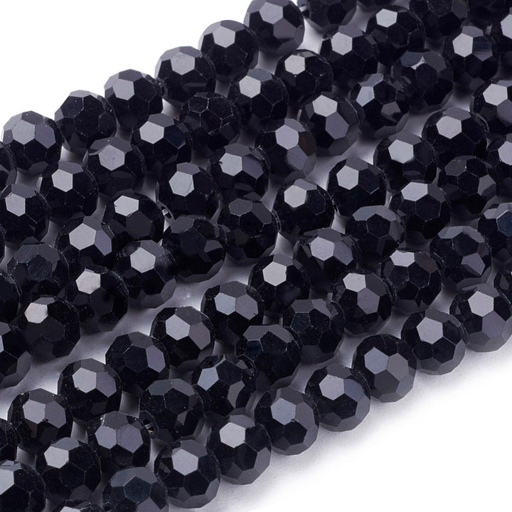 Premium Quality Shinny Black, Faceted Glass Crystal Beads, Round.  Size: 6mm, Hole: 1mm, approx. 95pcs/strand, 20 inches long.  Material: Glass; Austrian Crystal Imitation. Shinny, Black Color Beads.  Shape: Round, Faceted.  Color: Black  Usage: Beads for DIY Jewelry Making.