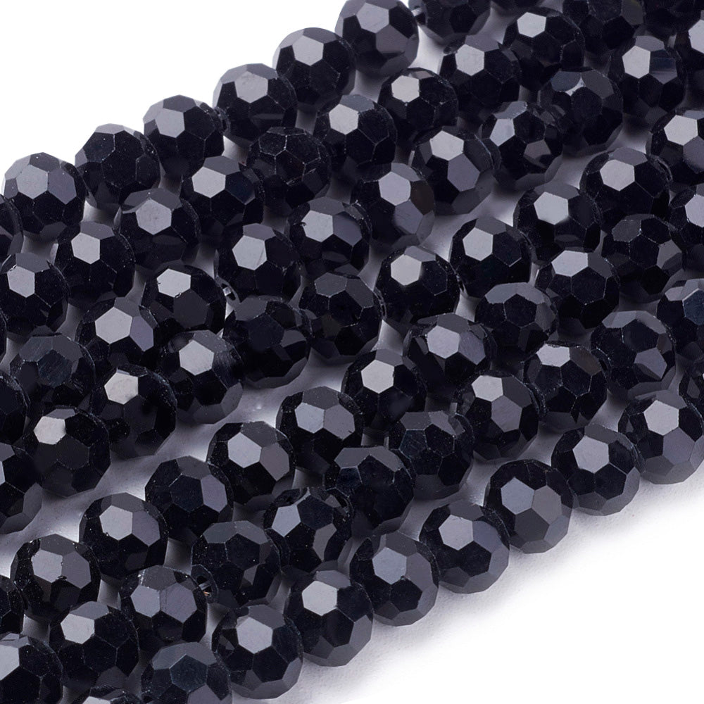 Shinny Black, Faceted Glass Crystal Beads, Round.  Size: 4mm, Hole: 1mm, approx. 98pcs/strand, 13.5 inches long.  Material: Glass; Austrian Crystal Imitation. Shinny, Black Color Beads.  Shape: Round, Faceted.  Color: Black