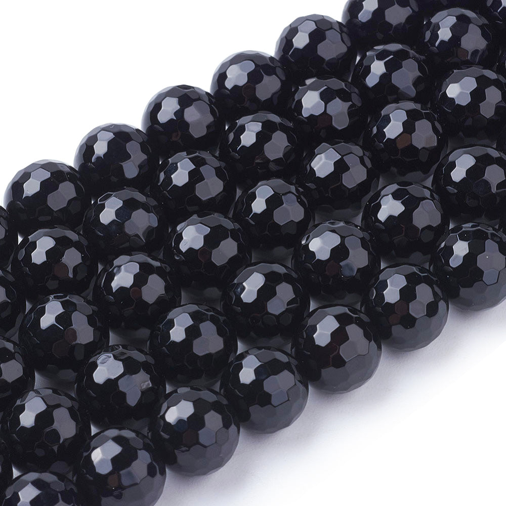 Gorgeous Faceted, Round Black Onyx Beads. Semi-Precious Gemstone Beads for DIY Jewelry Making.   Size: 10-10.5mm Diameter, Hole: 1mm; approx. 36-38pcs/strand, 15" Inches Long.  Material: Premium Grade Faceted Black Onyx, Black Color. Polished, Shinny Finish.