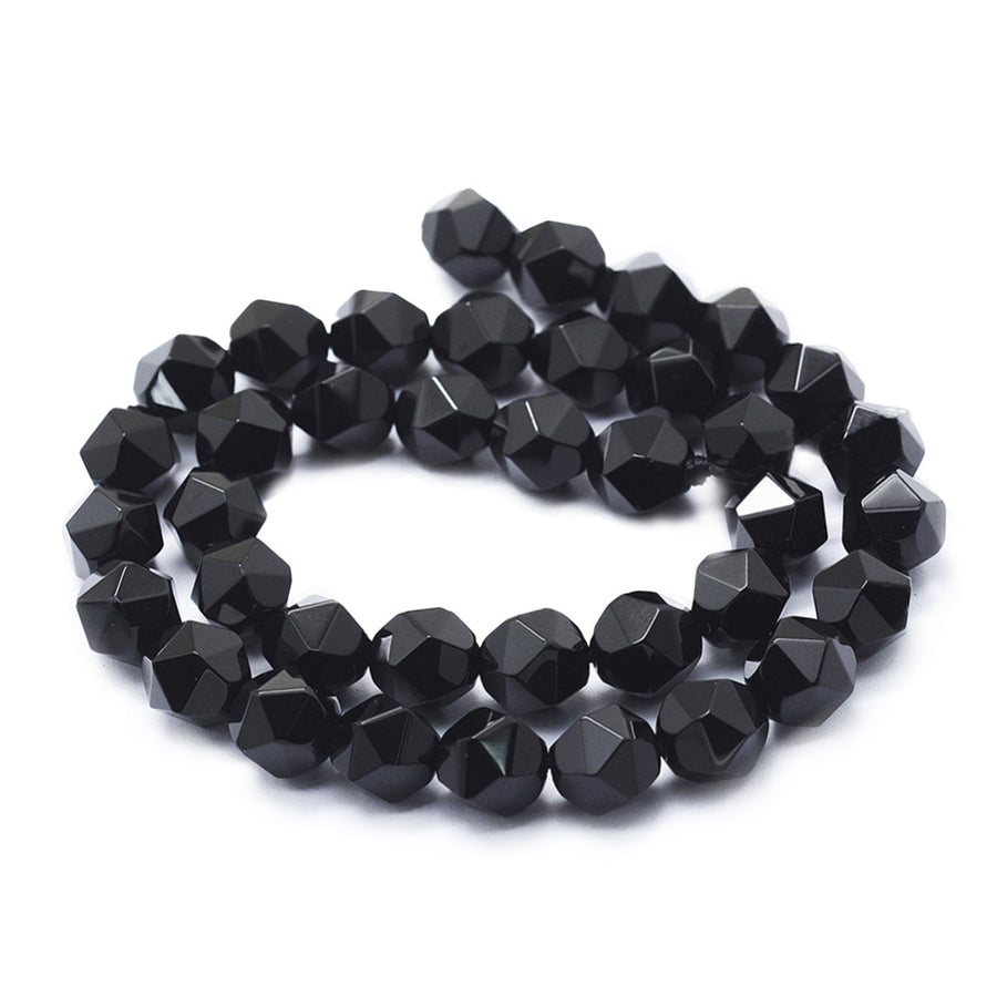 Faceted Oval Black Onyx Beads, Black Color. Semi-Precious Gemstone Beads for DIY Jewelry Making.  Size: 10mm Length, 9mm Width; Hole: 1mm; approx. 37-39pcs/strand, 15" Inches Long.  Material: High Quality Natural Black Onyx, Faceted, Oval, Dyed Black Color. Polished Finish.