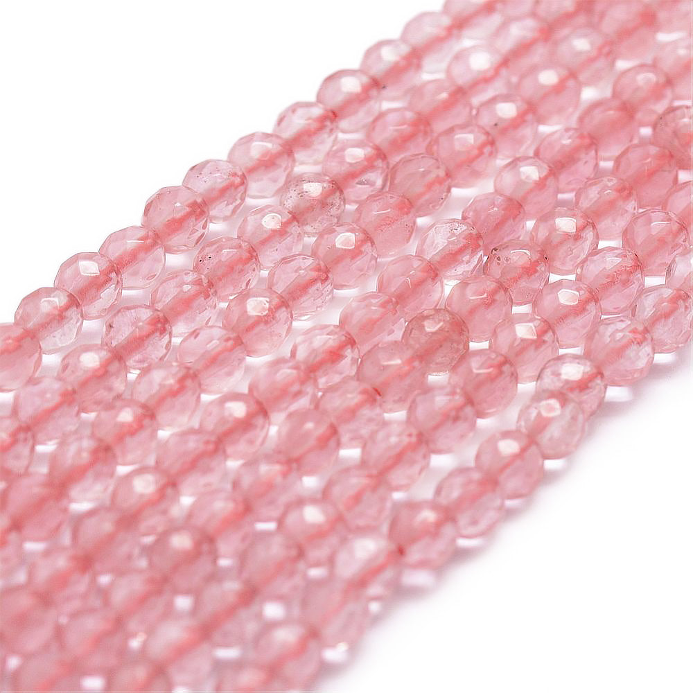 Cherry Quartz Beads, Round, Faceted, Clear Pink Color. Semi-Precious Gemstone Beads for DIY Jewelry Making. Gorgeous, High Quality Stone Beads.  Size: 4mm Diameter, Hole: 1mm; approx. 92pcs/strand, 14.5" Inches Long.  Material: Faceted Cherry Quartz Beads, Round, Faceted, Affordable Crystal Beads. Pale  Pink Color. Polished, Shinny Finish. 
