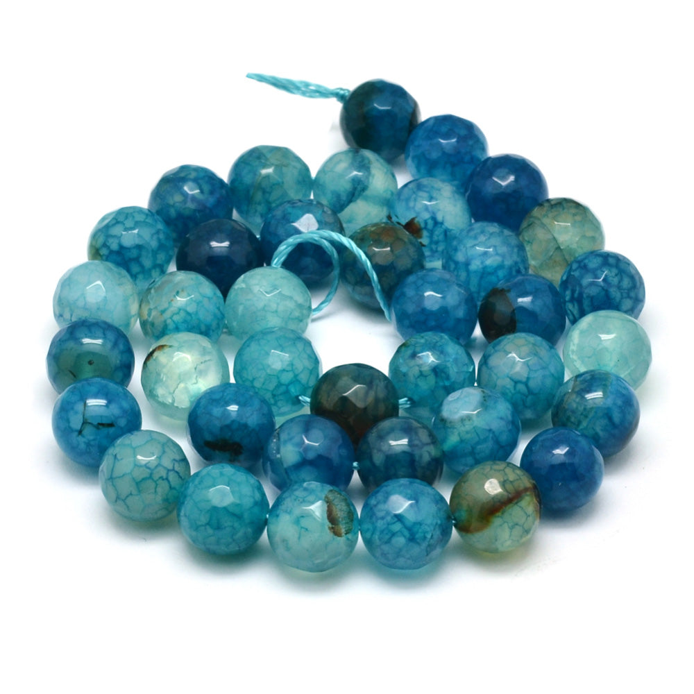 Faceted Crackle Agate Beads, Faceted, Round, Dyed, Cyan Color. Semi-Precious Gemstone Beads for Jewelry Making. Great for Stretch Bracelets and Necklaces.  Size: 10mm Diameter, Hole: 1mm; approx. 36pcs/strand, 15" Inches Long.  Material: Premium Grade Faceted Crackle Agate Beads Dyed Cyan Color. Polished, Shinny Finish.